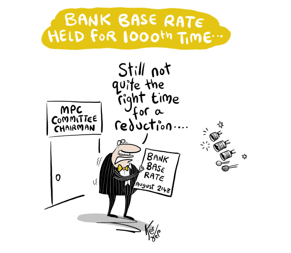 Humorous cartoon of MPC Committee Chairman holding Bank Base Rate sign